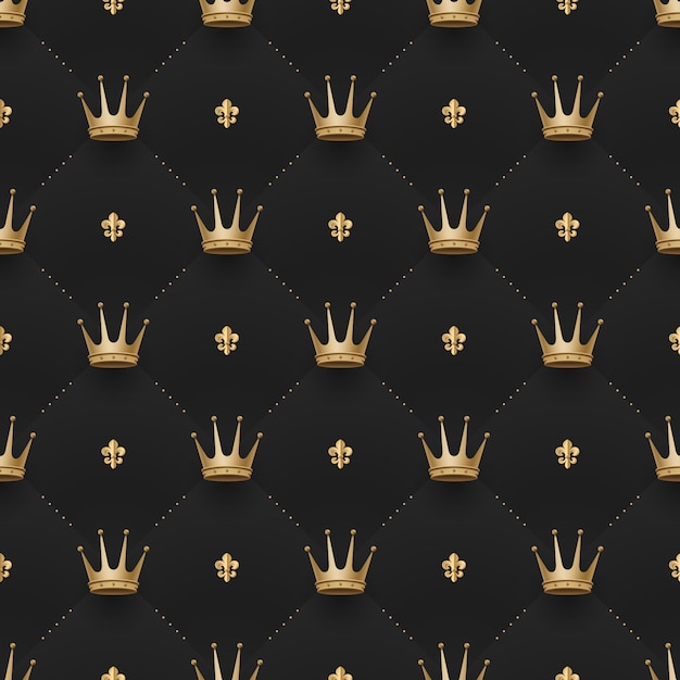 Vector seamless gold pattern with king crowns and fleur-de-lys on a dark black background. vector illustration.