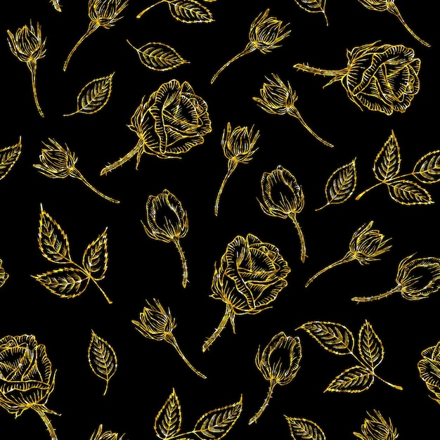 Seamless gold pattern with rose on black background