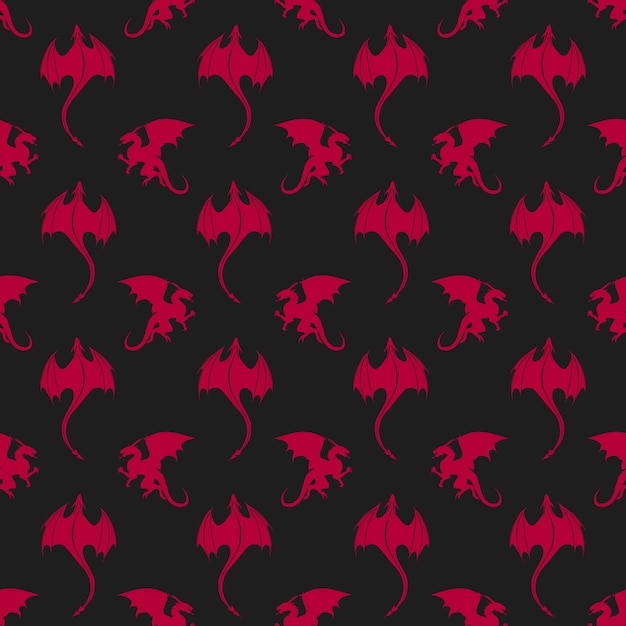 Seamless gothic pattern made up of red dragons and wyverns on the black background.