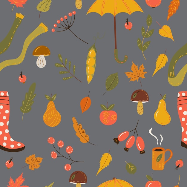 Seamless gray background with autumn items vector