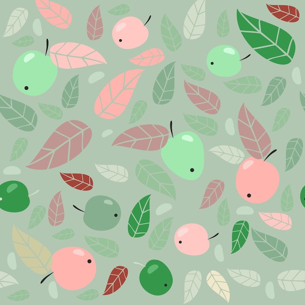 seamless green background with apples and leaves