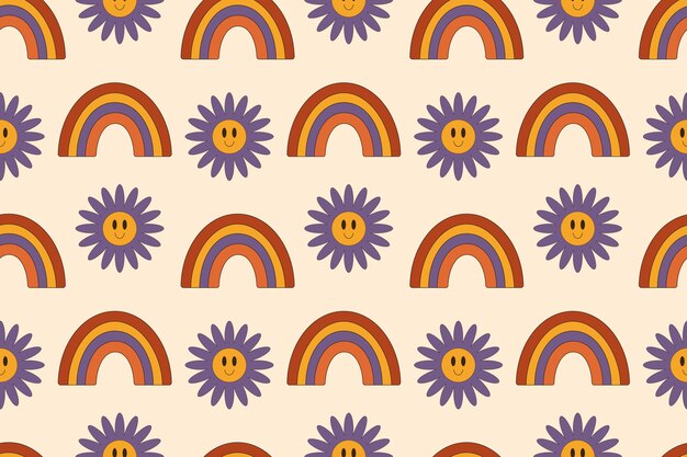 Vector seamless groovy pattern flower and rainbow on a beige background