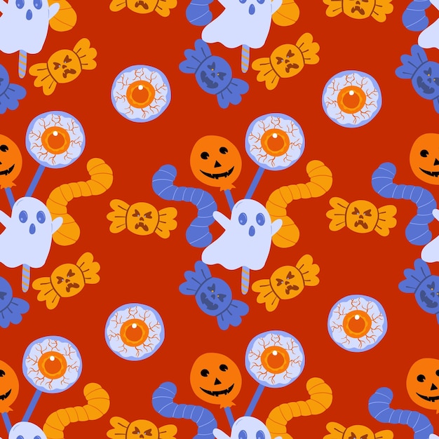 Seamless halloween autumn holiday pattern with blue ghost and eyeballs chupa chups on bright red