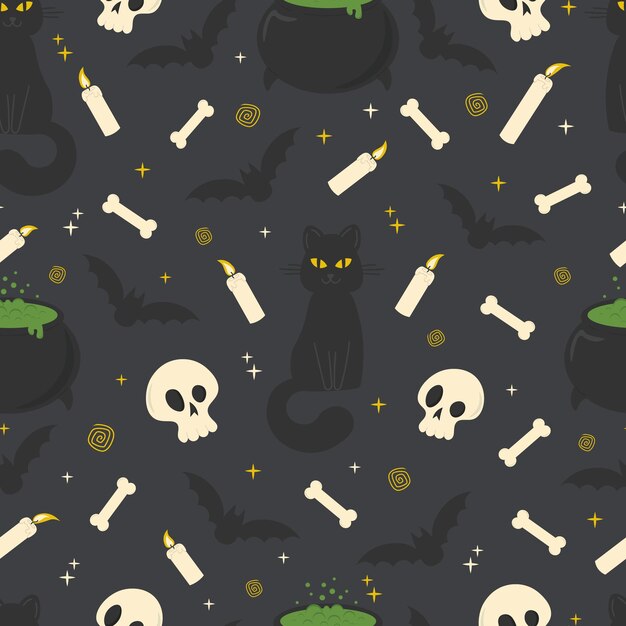 Seamless Halloween holiday pattern black cat witch039s cauldron bat skulls candles