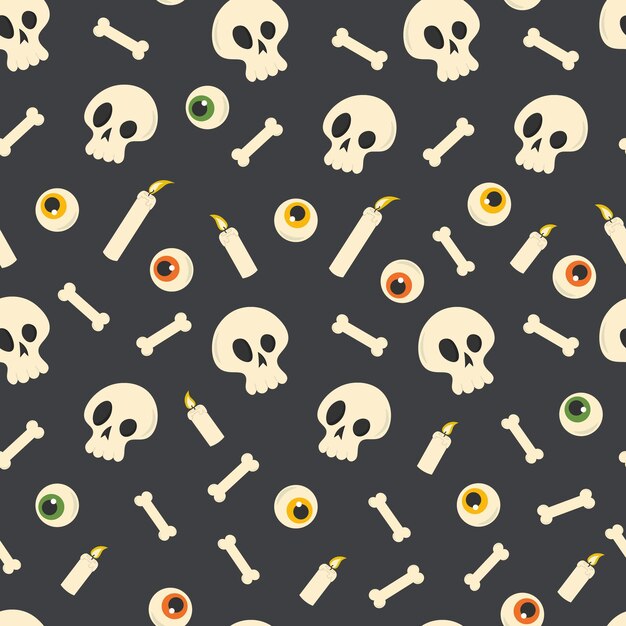 Вектор Бесшовный праздничный рисунок хэллоуина, кости черепа, глаза и свечи