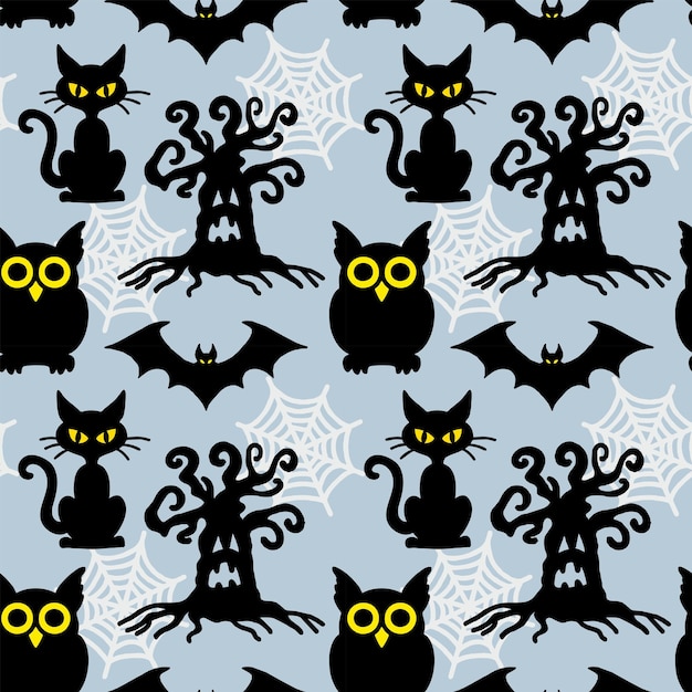 Seamless halloween pattern bat, cat, spider, tree.