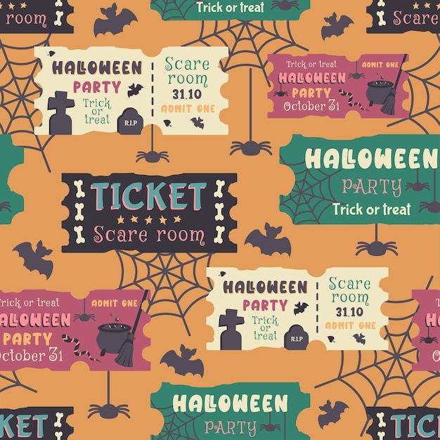 Seamless halloween pattern repeated pattern on orange background with ticket and silhouette of spider bat tomb cemetery cobweb vector illustration for print wallpaper fabric wrapping