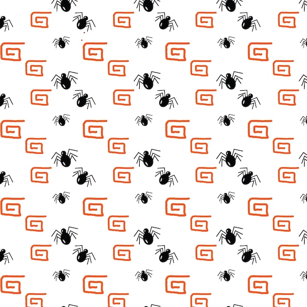 Seamless halloween pattern of spiders and orange abstract design elements repeating texture