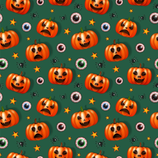 Seamless Halloween pattern with 3d pumpkins, golden stars, red eyes and spiders on green background.