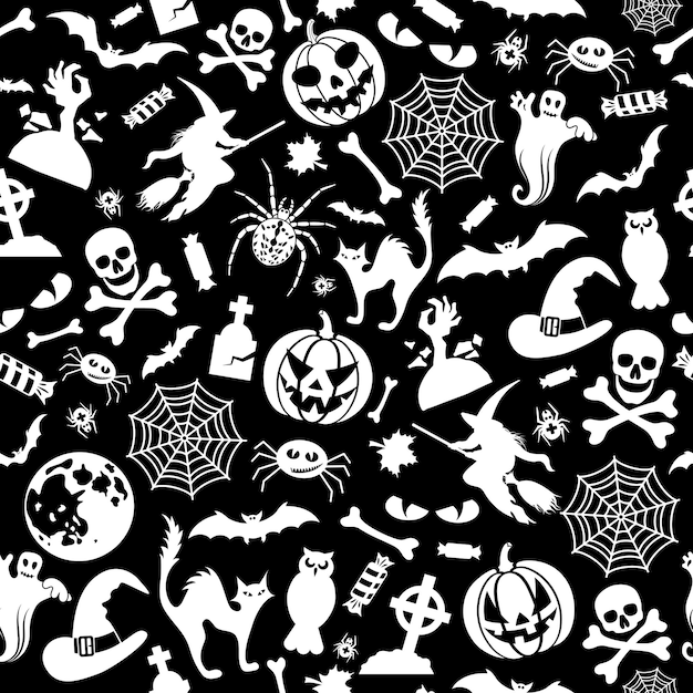 Seamless Halloween Pattern with bats, ghost and pumpkin. Isolated vector illustration