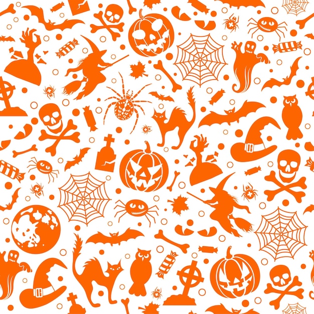 Seamless Halloween Pattern with bats ghost and pumpkin Isolated vector illustration