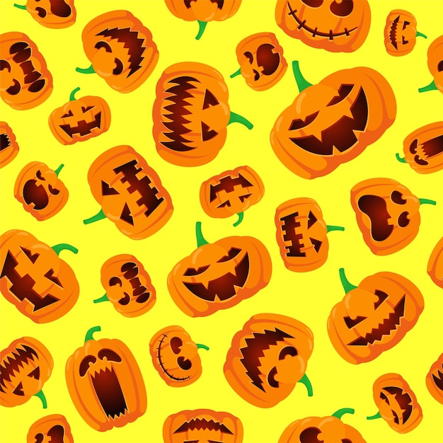 Seamless Halloween pattern with happy jack lantern orange carved glowing scary pumpkins