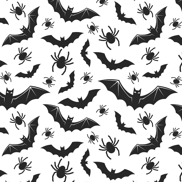 seamless halloween pattern with skulls bat pumpkin witch hat broom candies and spiders black and white