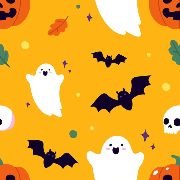 Vector seamless halloween pattern on yellow background pattern for kids flat vector illustration