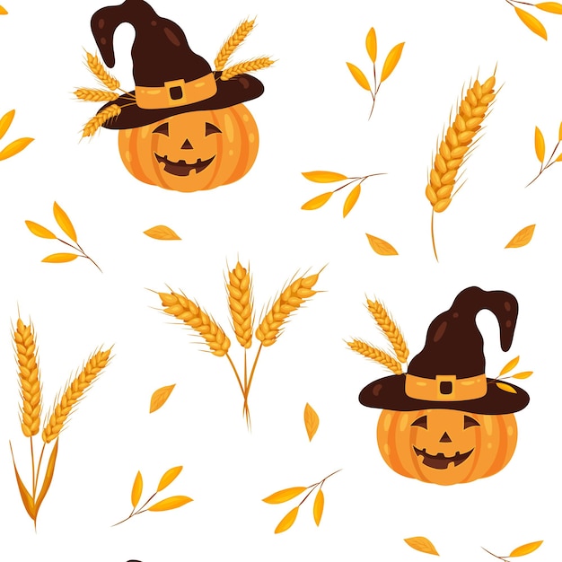 Seamless halloween pumpkin pattern in witch hat wheat and yellow leaves