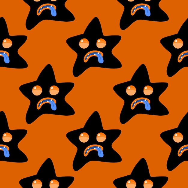 Seamless halloween scary vector pattern with black monster stars and tongue out of mouth on orange