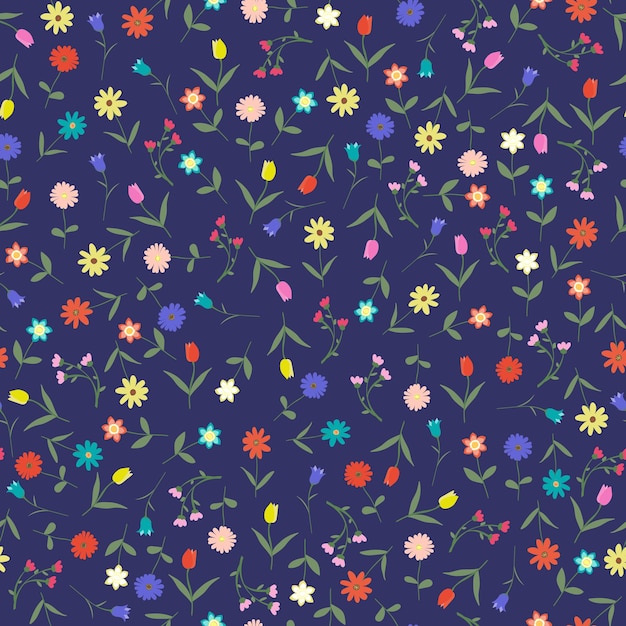 Seamless hand drawn floral pattern isolated blue background vector illustration Many random flowers