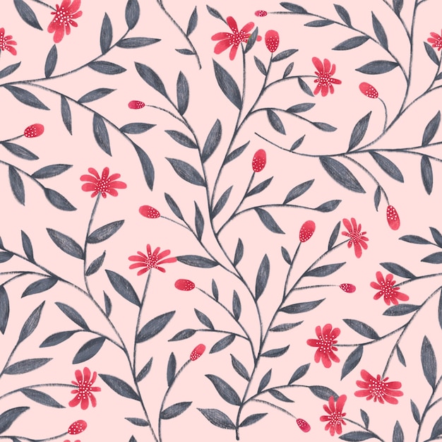 Seamless hand drawn floral pattern pink flowers elements green leaves branches on light pink