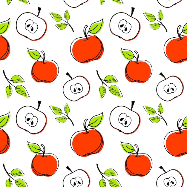 シームレスな手描き赤いリンゴパターンフルーツ背景フラットスタイルデザインベクトルイラスト