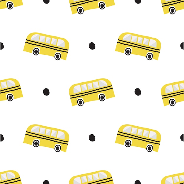 Seamless hand drawn school bus with black dot pattern on white background