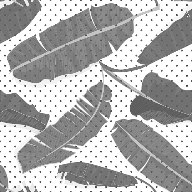 Seamless hand drawn tropical pattern with palm banana leaves jungle exotic leaf in black and white color on polka dot background