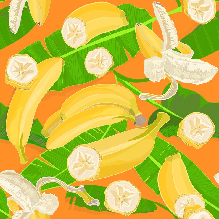 Vector seamless hand drawn tropical pattern with palm leaves jungle exotic leaf and banana fruit on orange background