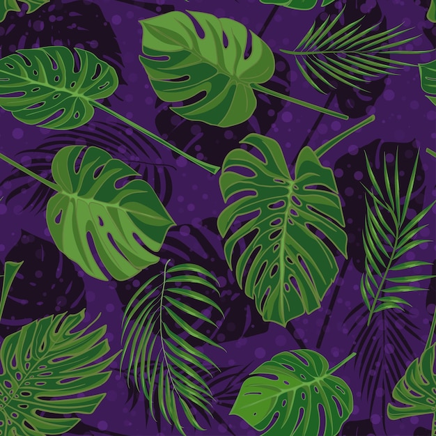 Seamless hand drawn tropical pattern with palm leaves jungle exotic leaf on dark background