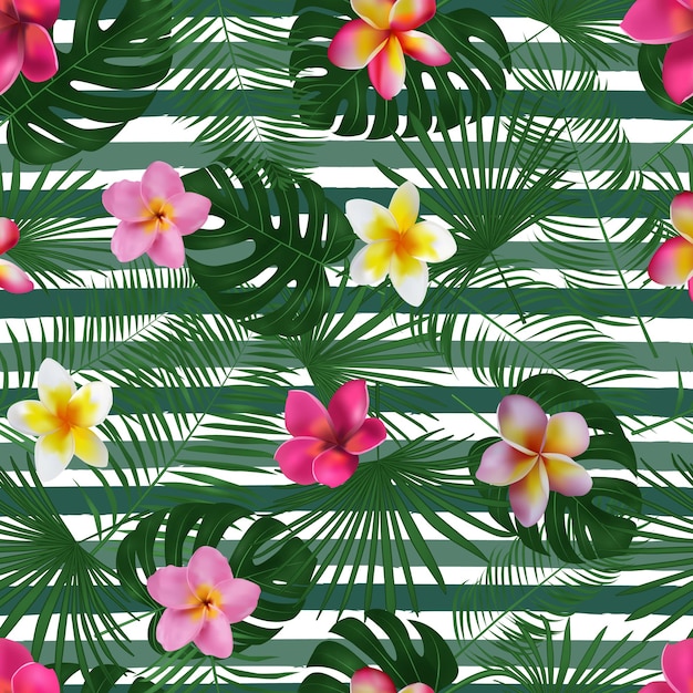 Vector seamless hand drawn tropical vector pattern with orchid flowers and exotic palm leaves