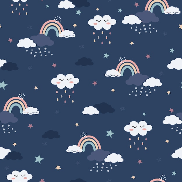 Бесшовный ручной рисунок векторного рисунка с милой мультяшной радугой, облаками и звездами. Дизайн для обоев