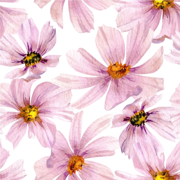 Seamless hand drawn watercolor cosmea flowers elements vector pa