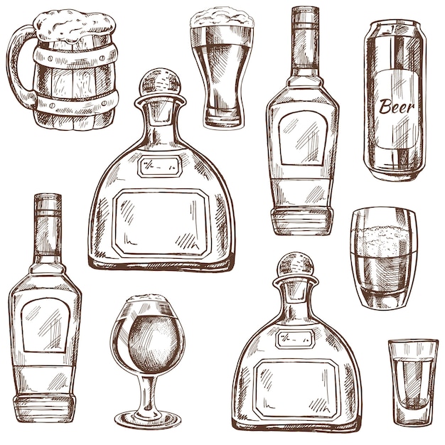Seamless handdrawn pattern of alcohol drinks Vector illustration in vintage style