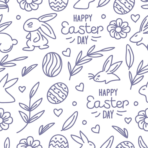 Seamless handdrawn pattern of rabbits bunnies eggs hearts flowers and leaves on a white background Vector illustrations