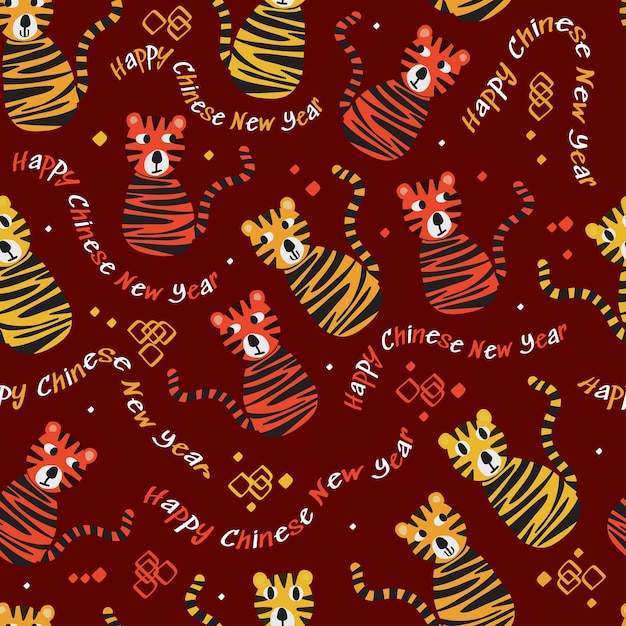 seamless happy Chinese new year on red pattern background with doodle tiger , new year card