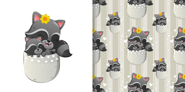 The seamless of happy raccoon is sitting inside the pocket with its baby of illustration