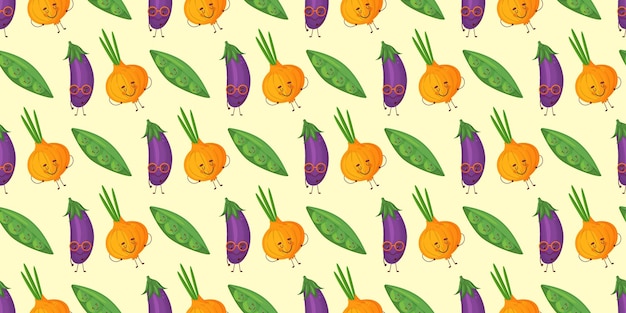 Vector seamless happy vegetables food fun illustration background pattern in vector