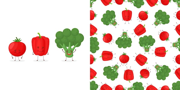 Seamless happy vegetables food fun illustration background pattern in vector