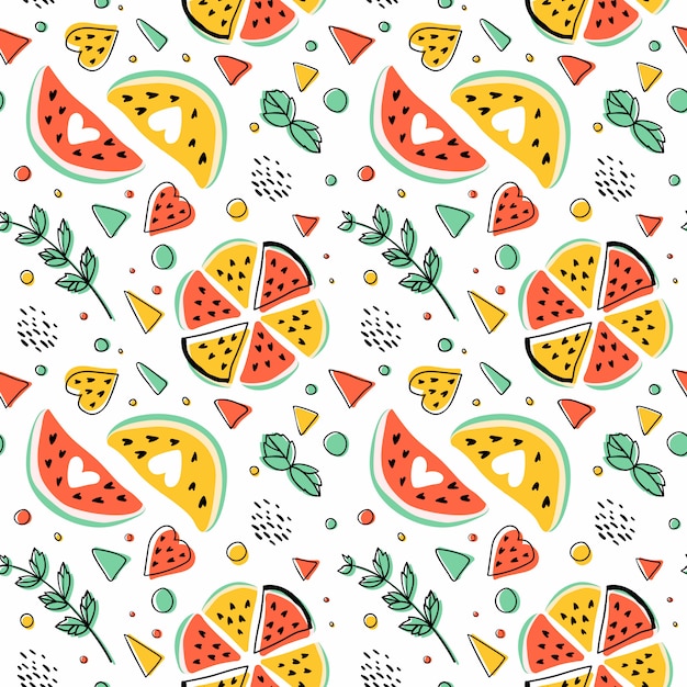 Seamless hipster pattern with watermelons, mint and geometric figures.