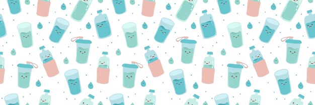 Baner web con bordo orizzontale senza cuciture con graziose bottiglie e bicchieri divertenti vettore cartone animato kawaii carattere acqua bere più acqua ogni giorno concetto