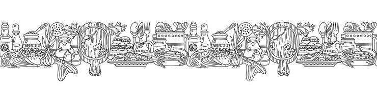 Vector seamless horizontal border with kitchen utensils and seafood transparent background