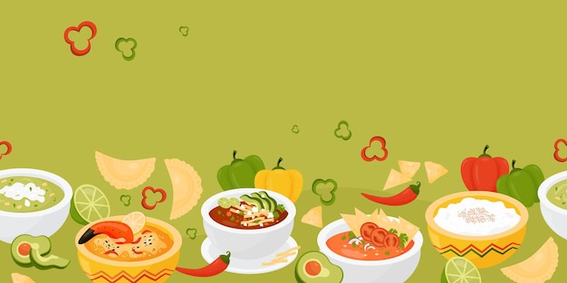 Seamless horizontal border with Latin American traditional food Mexican dishs on green background