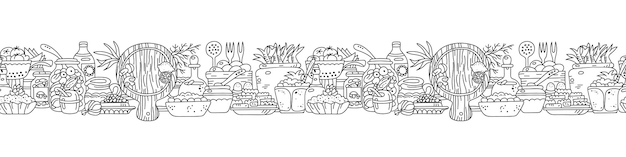 Seamless horizontal border with variety of food and kitchen utensils Vector illustration