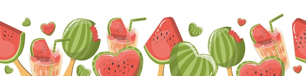 Seamless horizontal pattern of watermelon sweets juicy fruit border popsicle ice cream on a stick