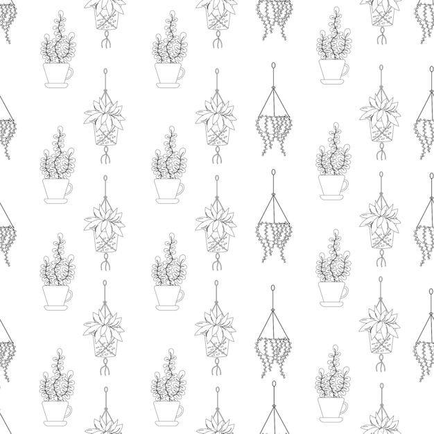 Seamless house plant pattern in black and white