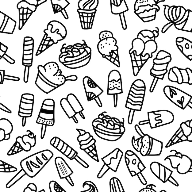 Seamless ice cream pattern hand drawn monochrome black and white background ice cream doodle vector