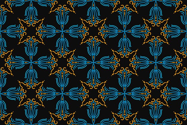 Seamless illustrated pattern made of abstract elements in black blue and yellow