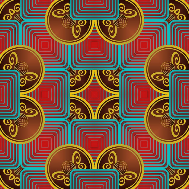 Seamless illustrated pattern made of abstract elements in red blue and yellow