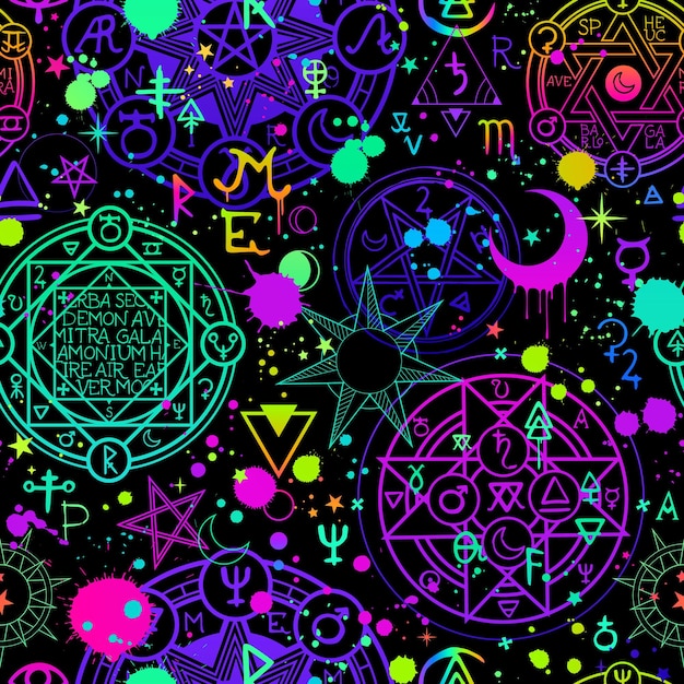 Vector seamless illustration of magical bright alchemical and cosmic signs