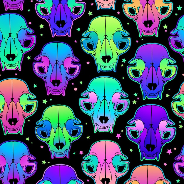 Seamless illustration of neon bright animals skulls