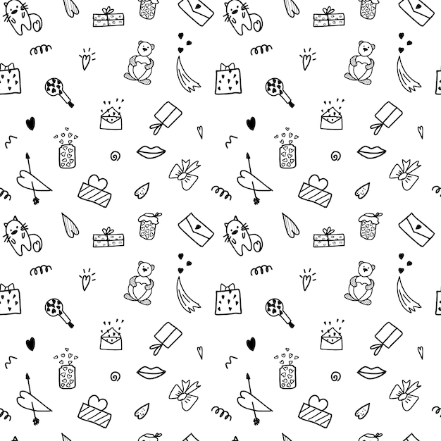 Seamless illustration with doodle elements for Valentine s Day For holiday wrapping or wallpaper Relationships and love Vector illustration Background