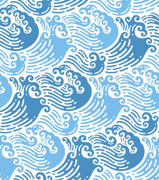 Vector seamless illustrations of japanese  wave in doodle design